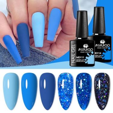 Imagem de MSRUIOO Conjunto de esmalte de gel azul com 6 cores, azul royal, azul celeste, glitter, azul marinho, kit de esmalte de gel de tons claros a escuros, design de salão de beleza, manicure em casa