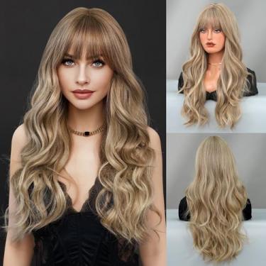 Imagem de TRUMOST Peruca loira mel com estrondo para mulheres, peruca loira clara, longa Wacy, 68 cm, resistente ao calor, aparência natural, sem cola, para meninas, festas diárias