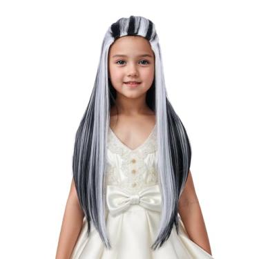 Imagem de Edivd Peruca preta mista branca para crianças, longa, preta e branca para crianças, perucas longas e retas para meninas, perucas sintéticas resistentes ao calor com touca