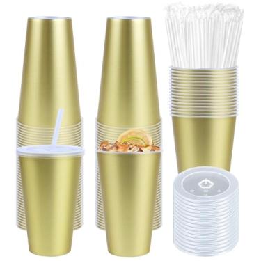 Imagem de Ahongwenxi Pacote com 50 copos de plástico dourado com tampas e canudos, copos de plástico descartáveis de 473 ml, copos de café gelado, caneca de viagem para sucos, aniversário, despedida de solteira