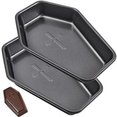 Imagem de Yomvzake Pacote com 2 formas de bolo em forma de caixão com padrão cruzado, moldes de bolo de 22 cm para assar o Dia das Bruxas