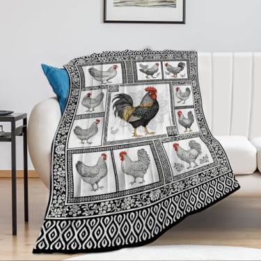Imagem de Cobertor de galo e galinha de fazenda – Manta de lã vintage preta e branca para sofá, sofá, cama, decoração rústica de fazenda – Presente aconchegante para fazendeiros e amantes de animais (129,8 x