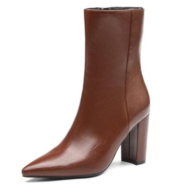 Imagem de NEWBELLA Botas femininas de cano curto estilo britânico – Botas curtas de couro vegano, versáteis botas de salto grosso para uso diário, Café, 36