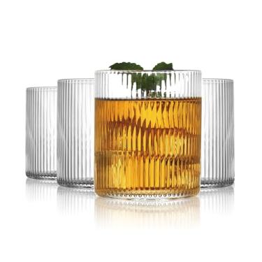 Imagem de QCKNSO Conjunto de copos altos canelados, copos de vidro de 174 g, copos de vidro seguros para lava-louças, copos vintage para água, suco, coquetel, vinho, café gelado