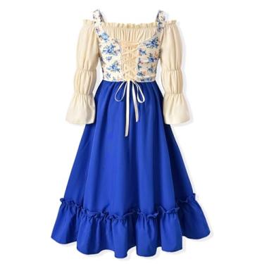 Imagem de fioukiay Vestido renascentista para meninas, ombro de fora, manga bufante, vestido medieval de 4 a 12 anos, Bege e azul royal, 10-11 Anos