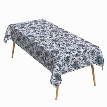 Imagem de ggaimwf Toalha de mesa retangular floral de 152 x 250 cm, toalha de mesa rústica com flores azuis, lavável, durável, capa de mesa para jantar, varanda, casa, jardim, decoração de casa de fazenda
