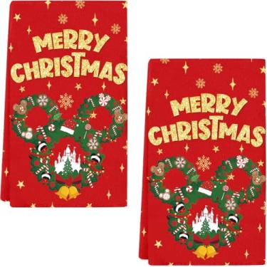 Imagem de Conjunto de 2 toalhas de cozinha Merry Christmas, conjunto de 2, toalhas de prato de desenho animado de rato de Natal em ouro vermelho, 45,7 x 66 cm, panos de prato de secagem decorativos de Natal
