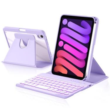 Imagem de Harvopu Capa com teclado para iPad mini 7 A17 Pro/6 geração 2024/2021 8,3 polegadas, capa traseira transparente giratória de 360° com teclado destacável retroiluminado de 7 cores, suporte de lápis