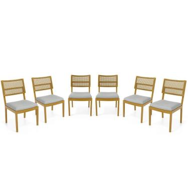 Imagem de Kit Com 6 Cadeiras Milena Madeira Maciça Assentos Estofados Encostos De Tela Palha Sextavada Linho Cinza 407