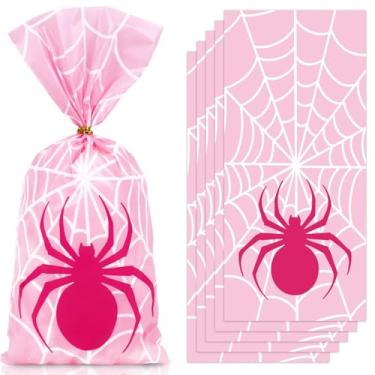 Imagem de JarThenaAMCS 100 unidades de sacos de celofane de Halloween com laços torcidos rosa teia de aranha saco de petiscos de plástico para lembrancinhas de festa de aniversário suprimentos