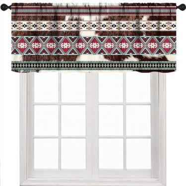 Imagem de Cortina de janela com estampa de vaca, estampa de couro bovino marrom da fazenda ocidental, padrão étnico asteca do sudoeste, pequena, tratamento de janela curta para quarto, sala de estar, cozinha, 1