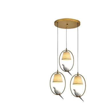 Imagem de Luminárias pendentes rústicas de fazenda, preto, dourado, 3 luzes, iluminação pendente com abajur de tecido, decoração de pássaros, lustre vintage de meados do século para mesa de jantar, il