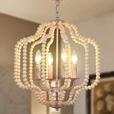 Imagem de Luminária de lustre moderna, luminária suspensa de 4 luzes, iluminação de pingente boho com contas de madeira, luminária de fazenda em formato de V para sala de jantar e cozinha