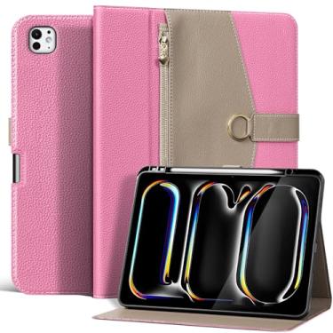 Imagem de XFYKJIN Capa de couro de microfibra premium para iPad Pro de 13 polegadas (M4) versão 2024 | Dois tons rosa e cinza com bolso com zíper, fecho de fivela, suporte para lápis, despertar/hibernar