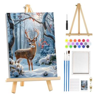 Imagem de MOGTAA Kit de pintura de Natal por números para adultos iniciantes com moldura, kits de pintura de veado de Natal por números em tela com cavalete, kits de pintura a óleo de inverno fáceis DIY para