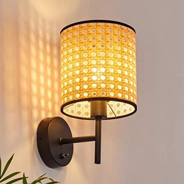 Imagem de Luminária de parede moderna de vime, luminária de parede de metal preto, arandela com fio e interruptor, luminária de iluminação interna estilo fazenda, luminária de parede para cabeceira de