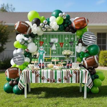 Imagem de Football Balloon garland arch kit Dark Green Black White Pearl gold silver large mylar Football balloons for sport theme super league touch down birthday decorations