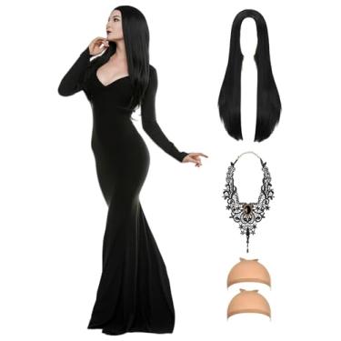 Imagem de Oumbivil Vestido preto adulto para fantasia gótica feminina festa familiar com colar de peruca para fantasias de bruxa de vampiro, Preto, M