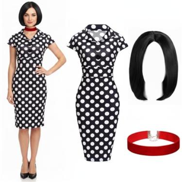 Imagem de Xinnun 3 peças femininas dos anos 50 anos 60 retrô vestido lápis preto peruca bob gola de veludo vermelho para cosplay de Halloween (P)