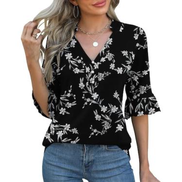 Imagem de Blusa Rapbin preta com estampa floral, decote em V, babado, manga 3/4
