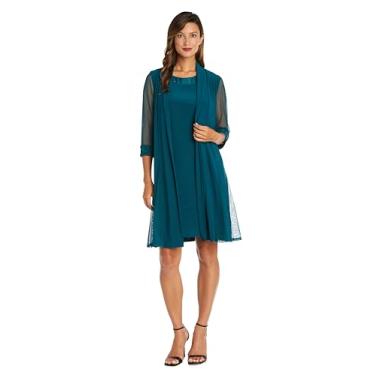 Imagem de R&M Richards Conjunto de vestido feminino plissado Godet Duster Sheer Jacket - Vestido com decote e punhos enfeitados, Esmeralda, 54