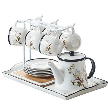 Imagem de Conjunto de chá da tarde com bule de chá, xícara de café e pires, conjuntos de 6 xícaras de café e pires de cerâmica com suporte de copo branco bandeja de chá