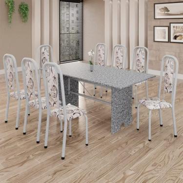 Imagem de Conjunto De Mesa Tubular 8 Cadeiras 180x75cm Mart Perola Com Tampo Em Granito Ocre Letícia 071 - Tudo De Móveis Preto Floral