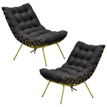 Imagem de Kit 2 Poltronas Decorativas Sala de Estar Abel Base de Ferro Dourada Veludo Preto - Gran Belo