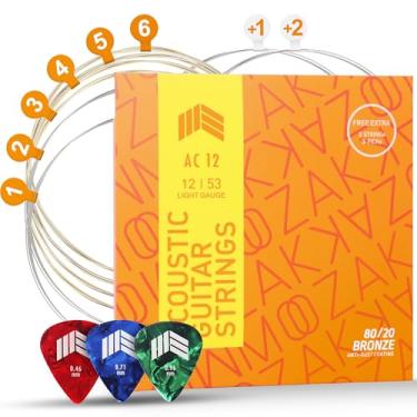 Imagem de MOOZAK Cordas de violão acústico 80/20 bronze, calibre leve 12-53, cordas de aço duráveis e brilhantes, 1ª e 2ª cordas extras, 3 palhetas incluídas – Ideal para presentes e todos os músicos