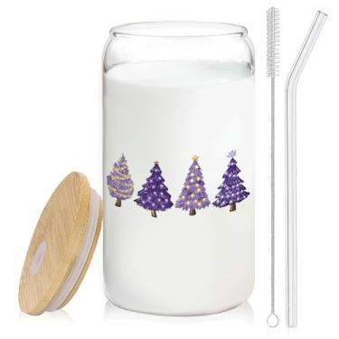 Imagem de BEHIFL Xícara de café de vidro para presente de árvore de Natal roxa com tampa e canudos 400 ml - Presente de Feliz Natal para mulheres, crianças e homens, copo de vidro para decoração de Natal roxa