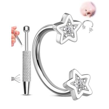 Imagem de Melighting Argola de nariz de ferradura de 20G, piercing de nariz com pino de pressão sem rosca com conjunto de ferramentas de agarrar bola cônica 316L, aço cirúrgico 316L, coração/estrela CZ septo