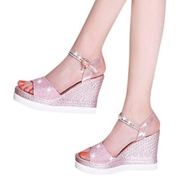 Imagem de Bigfanshu Sandálias femininas Crystal High Hell Wedge casuais com fundo grosso plataforma sexy gladiador sapatos anabela, Rosa, 37 BR