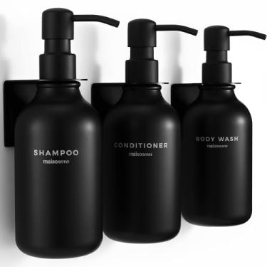 Imagem de MaisoNovo Shampoo Dispenser for Shower Wall 3 Chamber - Drill Free Shower Soap Dispenser Wall Mount with Waterproof Labels | 3 Black Plastic Bottles 3 Black Wall Mounts