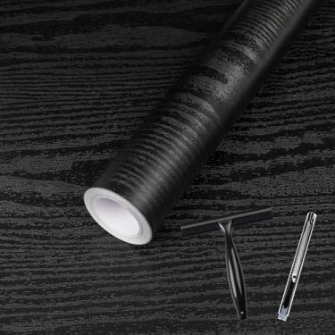 Imagem de Abyssaly Papel de parede de contato de grão de madeira preta, papel de parede autoadesivo com aparência de madeira, papel de parede espesso para bancadas de cozinha, prateleira com raspador, cortador