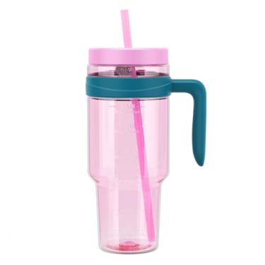 Imagem de Tronco Copo de plástico Tritan de 1,5 l com tampa e canudo, garrafa de água transparente reutilizável sem BPA com marcador de tempo, 100% à prova de vazamento e boca larga para café gelado, suco, chá