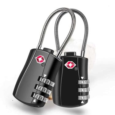 Imagem de Pacote com 2 cadeados de bagagem aprovados pela TSA, cadeado de cabo de viagem combinado, cadeado impermeável de 3 dígitos, bloqueio reinicializável sem chave aceito pela TSA para armários, bolsas