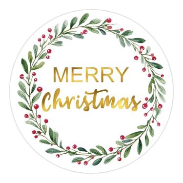 Imagem de Adesivos de Feliz Natal 5 cm, 120 peças grandes redondos vermelhos adesivos de Natal para cartões, sacolas de presente, selos de envelope e ornamentos (grinalda)