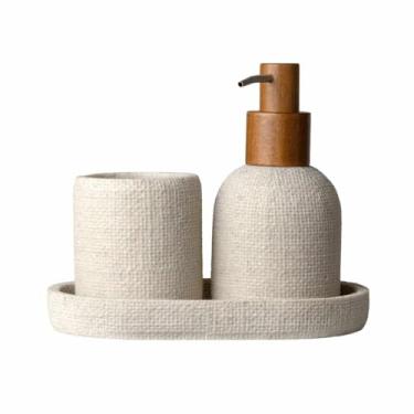 Imagem de Conjunto para Banheiro Moderno, Poliresina Texturizada, 3 Peças com Bandeja, Porta Escova e Dispenser 250ml, Acabamento em Madeira, Branco Linho