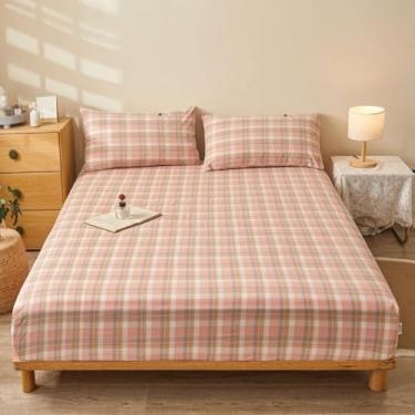 Imagem de Capa de colchão simples, xadrez, lençol de algodão, leve, respirável, protetor de colchão com bolso profundo, elástico, confortável, colcha universal, 4 estações, xadrez-4 | 180 x 220 cm (apenas capa