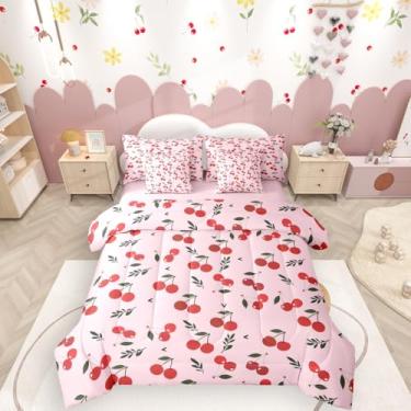 Imagem de Erosebridal Jogo de cama de casal com estampa kawaii de cereja rosa e cereja, 7 peças, para crianças, adolescentes, adolescentes, decoração de quarto