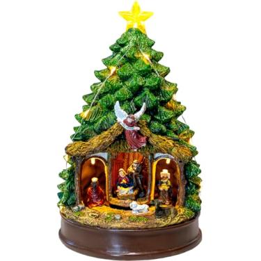Imagem de Presépio giratório de árvore de Natal com luz LED, estatuetas de anjo da sagrada família de Natal para presente de decoração de Natal, enfeites de Natal decorativos de mesa
