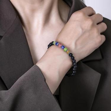 Imagem de Pulseira de contas feita à mão para homens e mulheres, cordão elástico com pedra natural e contas de destaque, joia de pulso ajustável, 7.68Inches, Rocha vulcânica, Sem Pedra Preciosa
