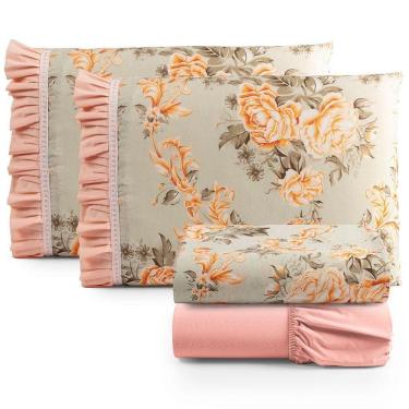 Imagem de Jogo Cama Lençol Fiore Queen Estampado 180 Fios 100% Algodão Com Babadinho 4 Peças Salmão Floral