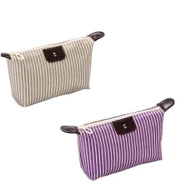 Imagem de Bolsa de maquiagem para bolsa portátil pequena bolsa cosmética para mulheres bege roxo listrado bolsa de higiene pessoal batom chave cabo organizador de fone de ouvido impermeável couro PU nylon