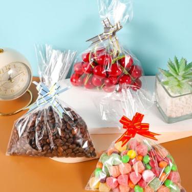 Imagem de Pacote com 100 sacos OPP transparentes, sacos de celofane transparentes de 15 x 20 cm com laços torcidos para padaria, pipoca, biscoitos, doces, sobremesa, sacos de embalagem de presente