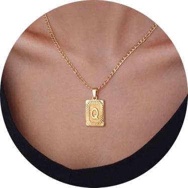 Imagem de Colar masculino com inicial, pingente de letra retangular de A a Z, corrente de aço inoxidável banhada a ouro, joia de monograma personalizada, 20in, Aço inoxidável, Sem Pedra Preciosa