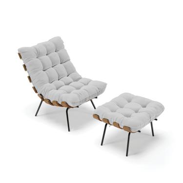 Imagem de Kit 01 Poltrona e 01 Puff Costela Linho Cinza A05 Base Metálica Preto - D'Rossi