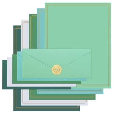 Imagem de Feifeiya O conjunto de 100 artigos de papelaria verdes inclui papel de escrita de 100 letras com envelopes e adesivos, papel de papelaria para escrita, convites de escritório, casamento, chá de bebê