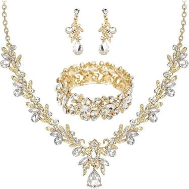 Imagem de Enrwin Colar com pingente de gota de cristal e flor de folha de casamento, brincos elásticos, conjunto de joias para mulheres, festa de casamento, formatura, Large, Cristal, Cristal