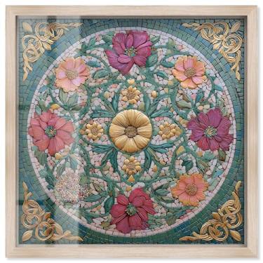 Imagem de Arte de parede de banheiro com estampa Mandala II Shadowbox Emerald Bloom por Art Remedy, moldura loira, 61 x 61 cm